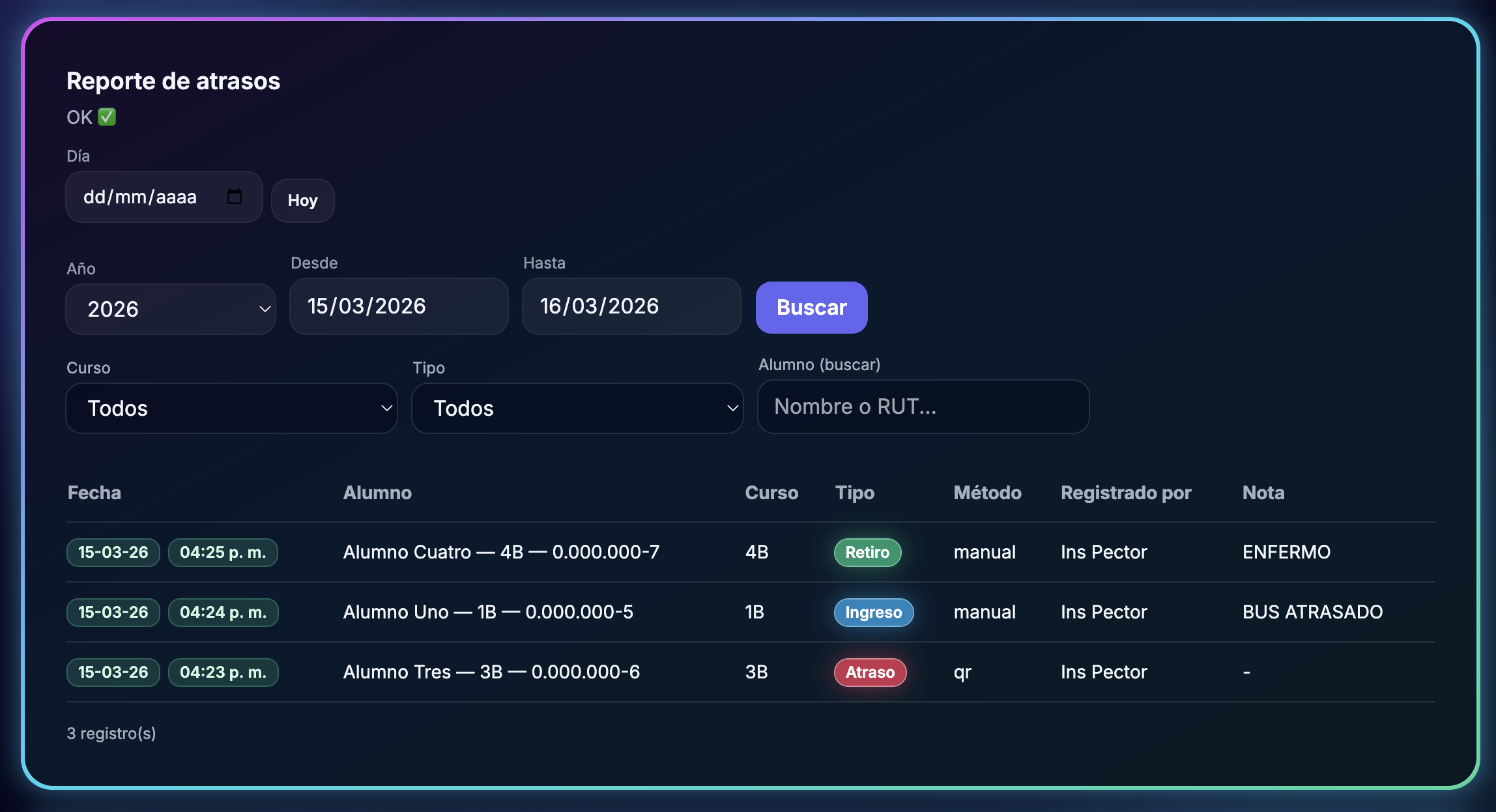 Reporte ampliado de atrasos